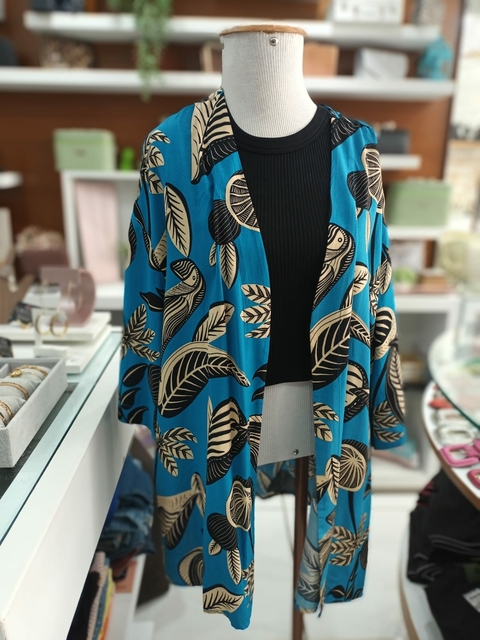 Kimono Manga Curta Estampado - Azul
