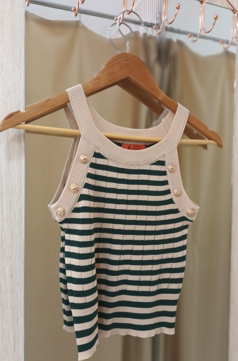 Blusa Cropped Modal Alça Listrado Botões - Nude e Verde