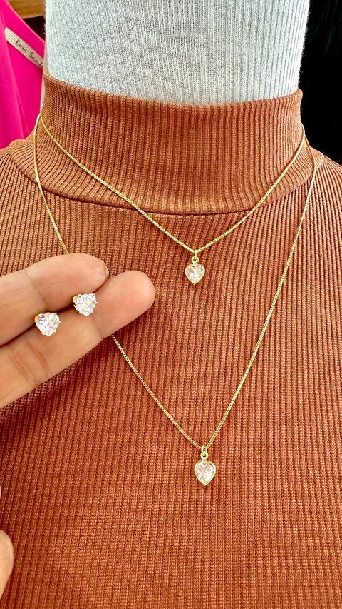 Conjunto Brinco com Colar Folheado Dourado Ponto de Luz Coração