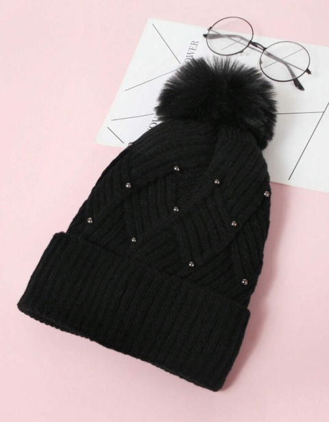 Touca PomPom Perola Cinza Preta