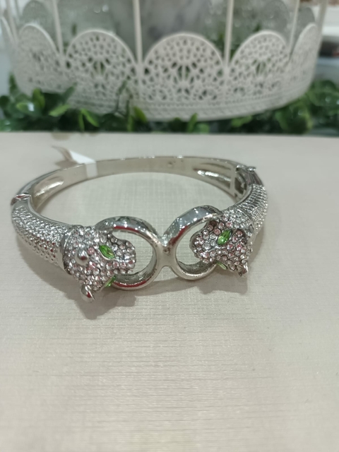 Bracelete Prata Cravejado Zirconia Onça Olho Verde