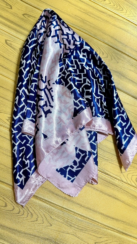 Lenço de Seda Estampado - Rosa e Azul 6928