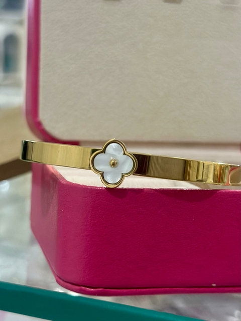 Bracelete Aço Inoxidável Dourado Trevo Branco Virgínia Van Cleef - 6753