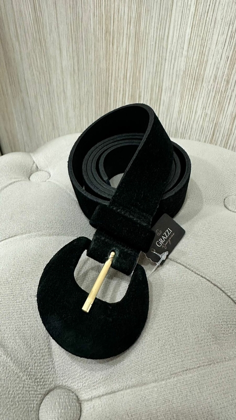 Cinto 100% Couro Fivela Redonda Camurça Preto