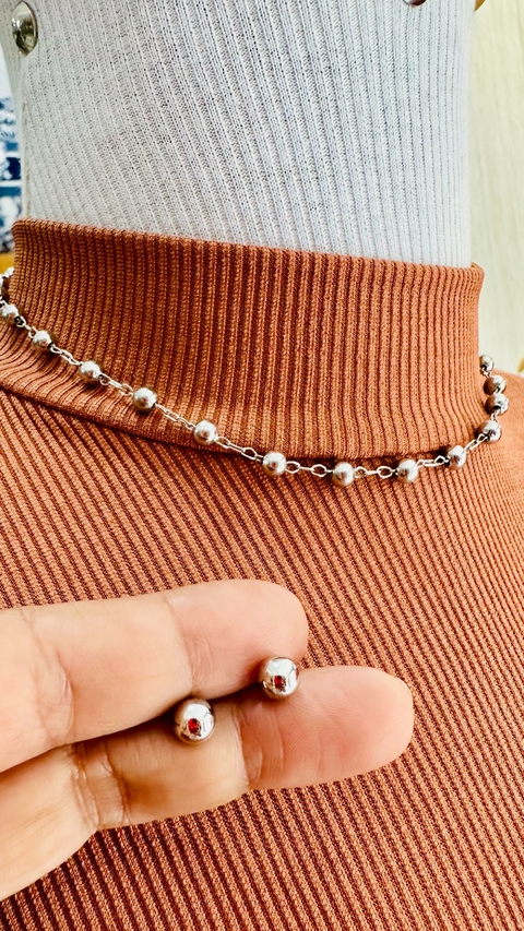 Conjunto Brinco com Colar Choker Prata Bolas
