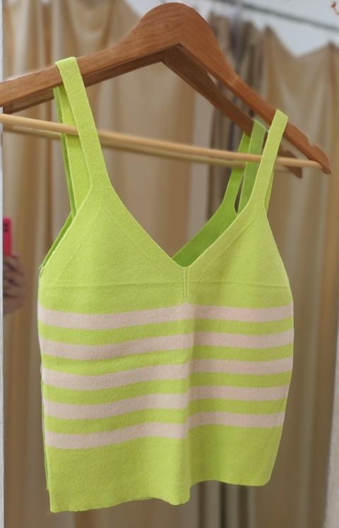 Blusa Cropped Modal Alça Listrado - Nude e Verde