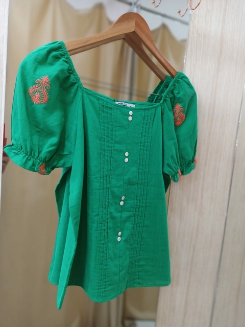 Blusa Ciganinha Manga Bordada - Verde