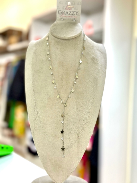 Conjunto Colar e Brinco Prata Gravatinha Estrelas - 6536