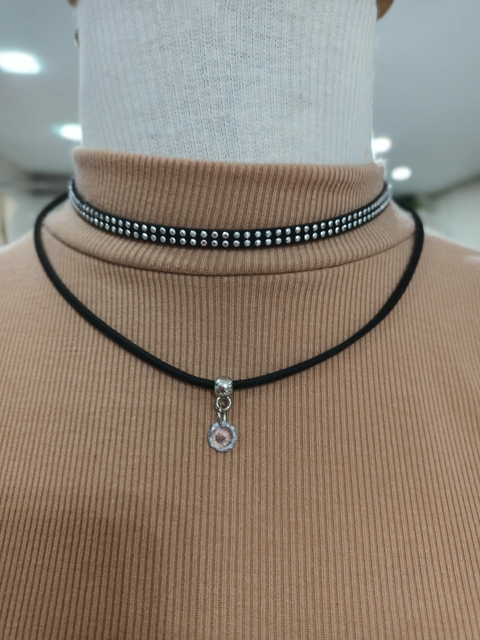 Choker Gargantilha Colar Duplo Courino Preto Ponto de Luz