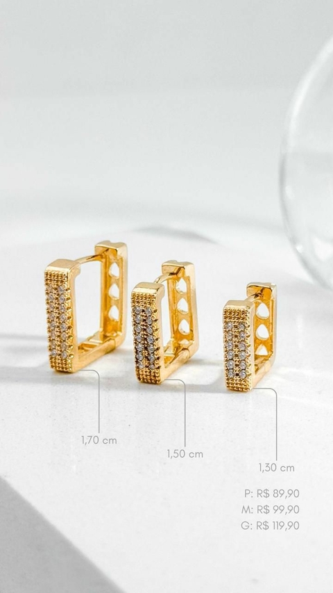 Brinco SemiJoia Dourado Argola Quadrada Cravejada Zircônia Cristal G - 6832 / 6833 / 6834