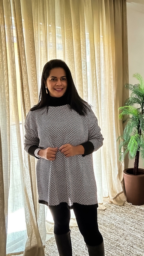 Poncho Pied Poule Xadrez Tricot - Preto Branco