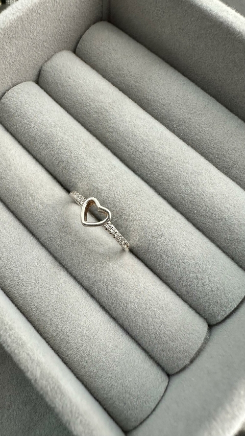 Anel Prata Italiana 925 Cravejado Coração Vazada