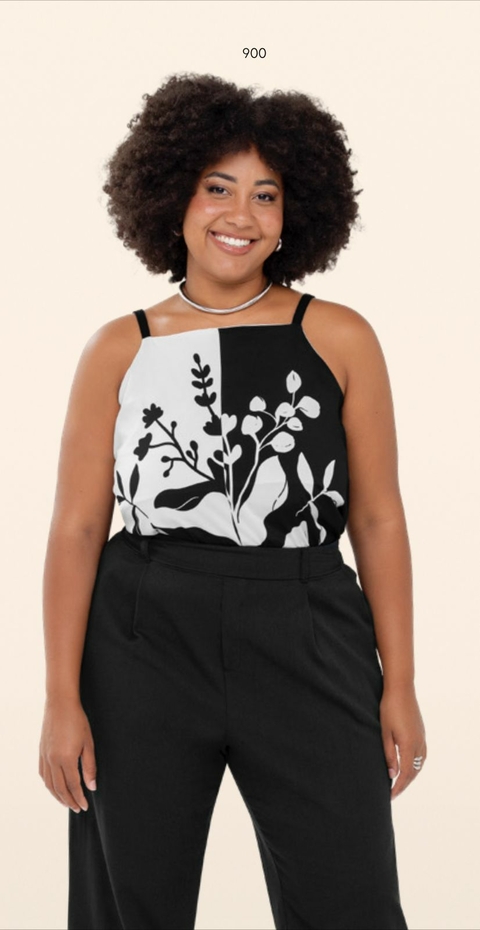 Blusa Regata Estampada em Ribana Canelada- Preta 6864