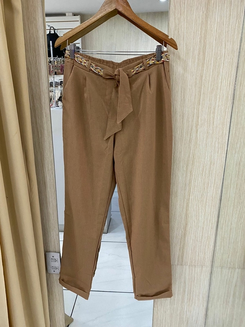 Calça Linho com Cinto Colorido - Nude