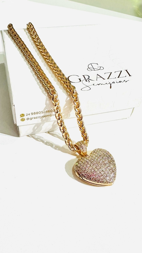 Colar SemiJoia Dourado Coração Cravejado Zircônia Cristal - 7001