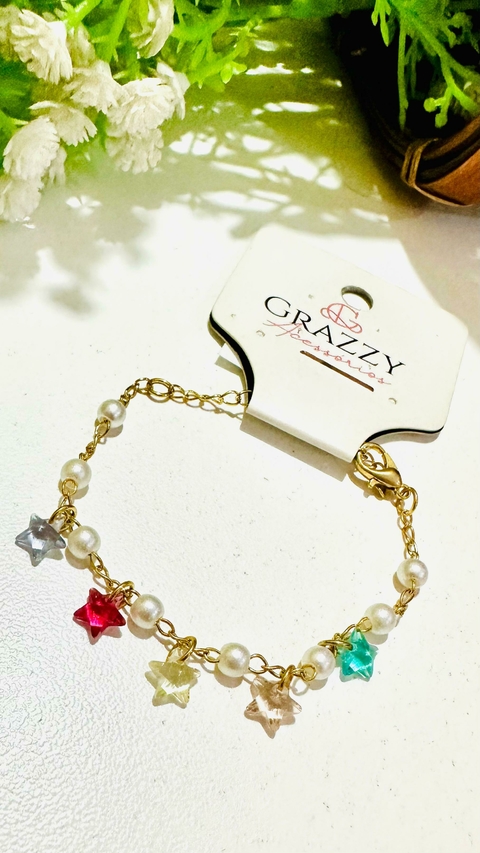 Pulseira Corrente Dourada Kids Pérola Cristal Estrelas Coloridos