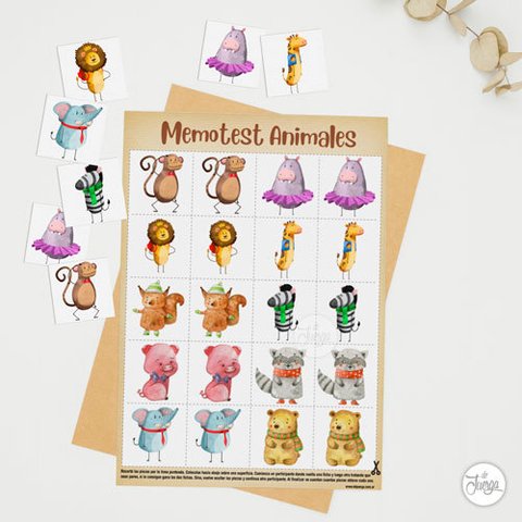 Memotest Juego de Mesa Imprimible Animales Divertidos.