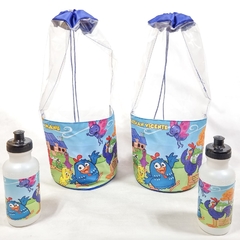 Kit Sacochila+Squeeze para lembrancinha tema Galinha pintadinha