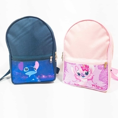 Mochila com bolso no tema Stitch e Angel para lembrancinha na internet