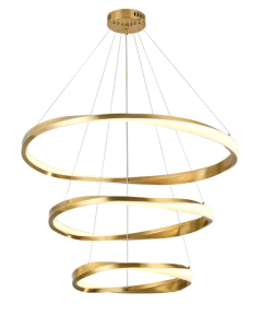 Pendente LED dourado escovado com três aros circulares suspensos em diferentes alturas
