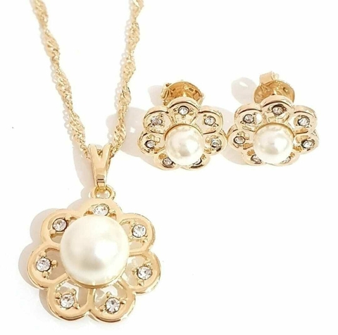 Conjunto flor pérola strass