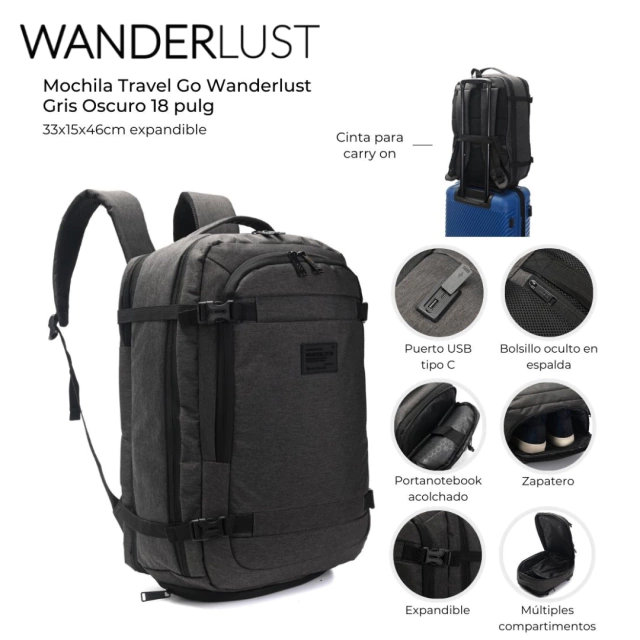 MOCHILA VIAJERA WANDERLUST 18 PULG 33X15X46CM / COD. 511-43929