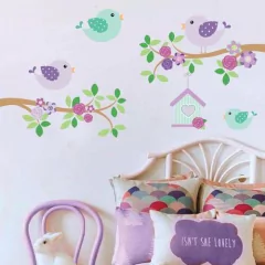 Vinilo Decorativo Ramas Pajaritos Casita Lila Pastel