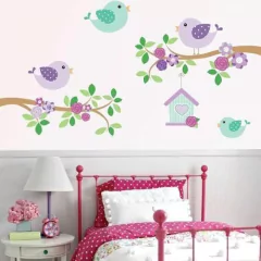 Vinilo Decorativo Ramas Pajaritos Casita Lila Pastel - comprar online