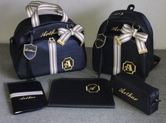 Kit maternidade personalizado azul marinho faixa cinza