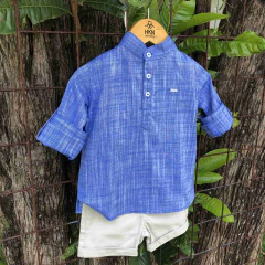Bata Infantil Manga Longa em Algodão Premium Texturizado Azul com Martingale - HKN Camisaria na internet