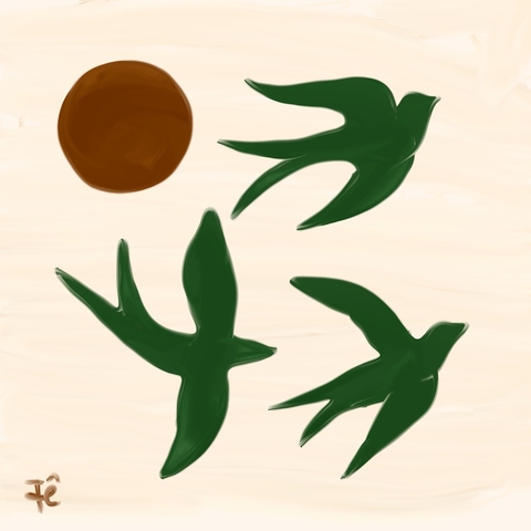 Ilustração minimalista de três andorinhas verdes voando próximas a um círculo marrom sobre fundo bege claro