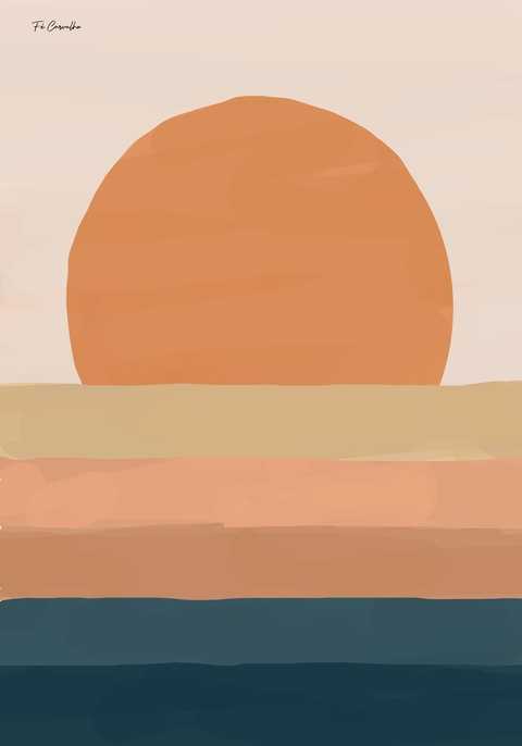 Quadro abstrato com sol geométrico laranja sobre camadas horizontais em tons terrosos e azul escuro