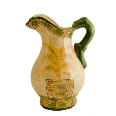 Jarro decorativo oriental em cerâmica craquelê creme com pintura de folhagens e alça verde