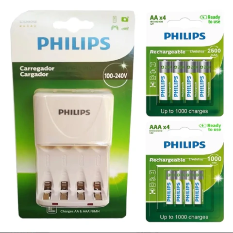 Carregador Philips com 8 Pilhas Aa 2500 mais 12 Pilhas Aaa 1000 Palito Recarregáveis RTU Bivolt Inmetro