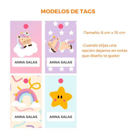TAGS PARA MOCHILA PLASTIFICADA / UNICORNIO