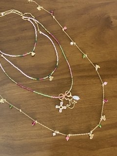 Colar longo cristais e pássaros banhado a ouro 18k