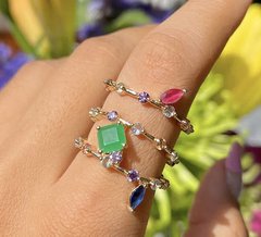 Anel 3 Em 1 Cristal Esmeralda Banhodo a Ouro 18K