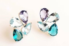 Brinco cristais lavanda, turquesa banho ouro 18k
