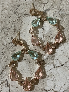 Brinco morganita/ verde banho ouro 18k