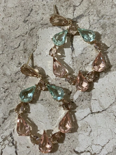 Brinco morganita/ verde banho ouro 18k