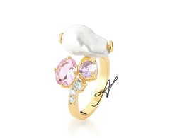 Anel cristais col Perola barroca banho ouro 18k