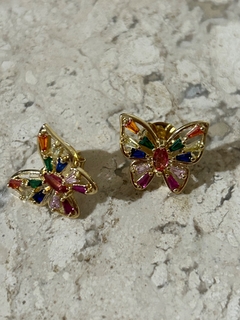 BRINCO BORBOLETA PEDRAS COLORIDAS BANHO OURO 18k na internet