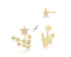 Brinco ear jacket estrelas banhado a ouro 18k