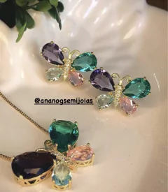 Conjunto borboleta cristal banhado a ouro 18k - comprar online
