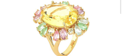 Anel amarelo pedras coloridas banhado a ouro 18k