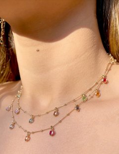 Colar Longo Cristal Citrino Pedras Penduradas Banhado a ouro 18k