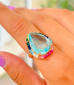 Anel pedra azul cristais color banho ouro 18k - comprar online