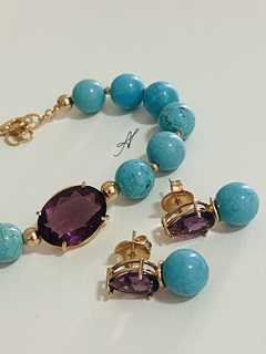 Conjunto turquesa ametista banho ouro 18k
