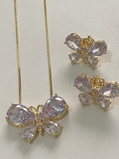 Conjunto borboleta cristal banhado a ouro 18k - Ananogueirasemijoias