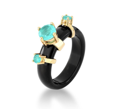 Anel resina cristais turmalina banho ouro 18k